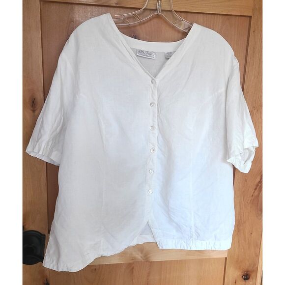 Vintage Lord & Taylor 100% Linen White Blouse Top Short Sleeve V Neck Button Up - Picture 1 of 4